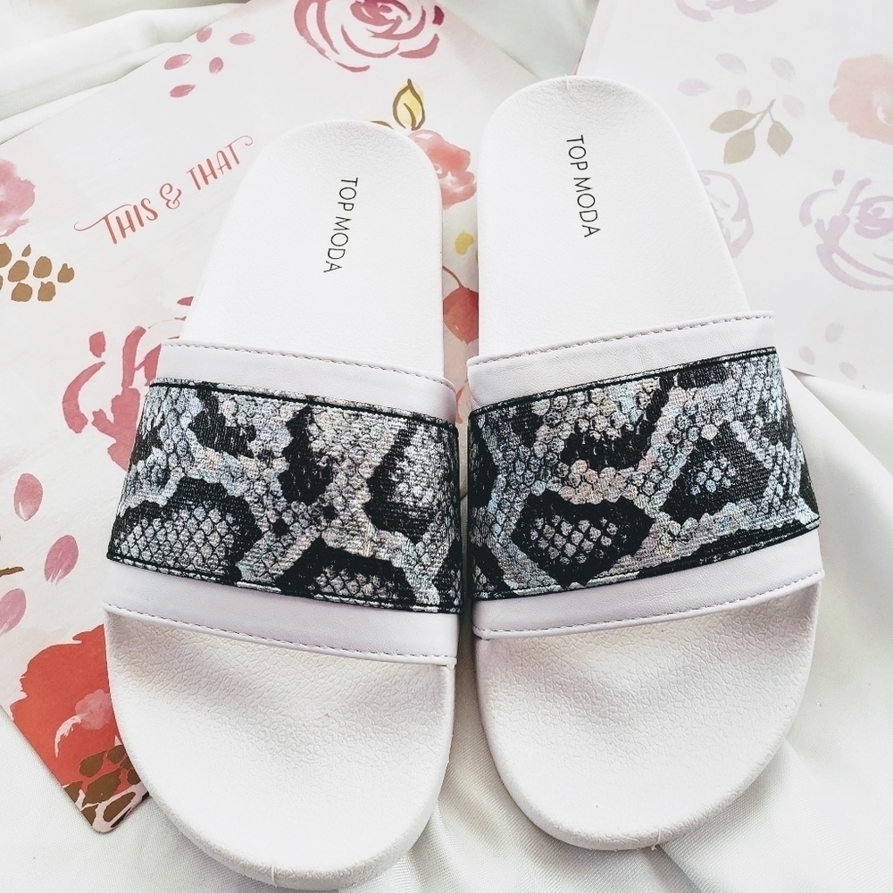 Top Moda Padded Slide Sandal Iridescent Snakeskin Print